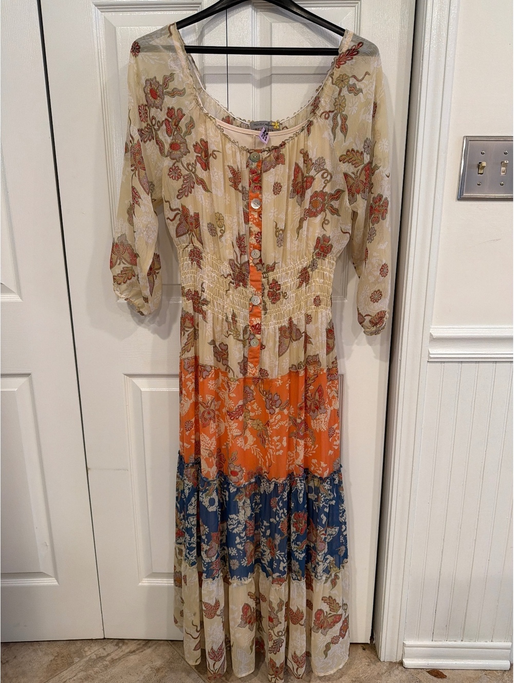 Fig & Flower Boho floral Patchwork maxi Size XL Smocked Waist Tiered Ruffle